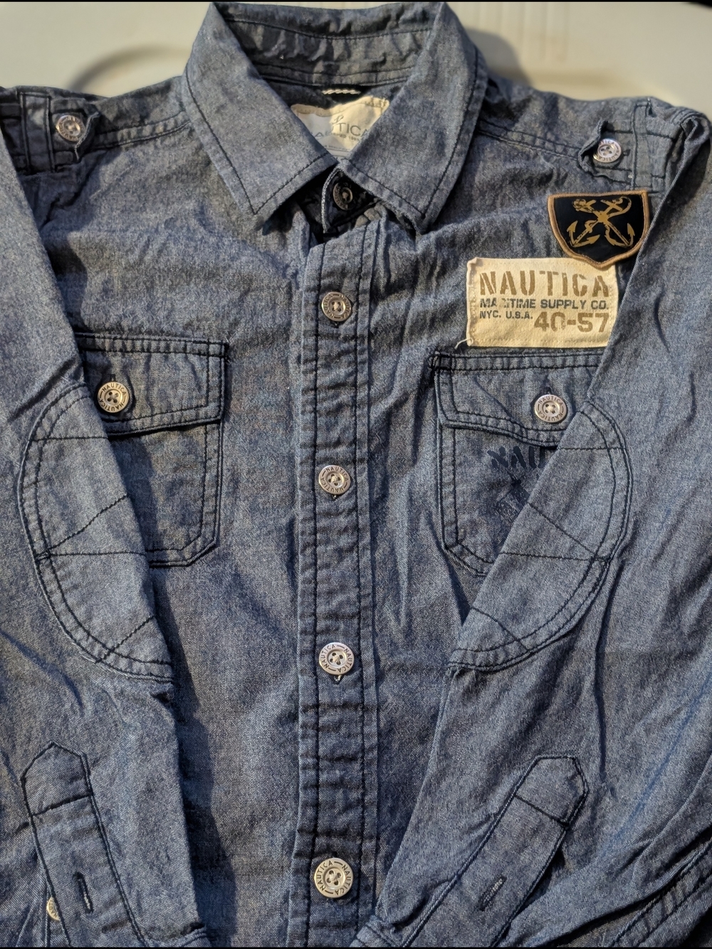 Nautica Kids Trendy Jean Look Button-Down Shirt with Patches